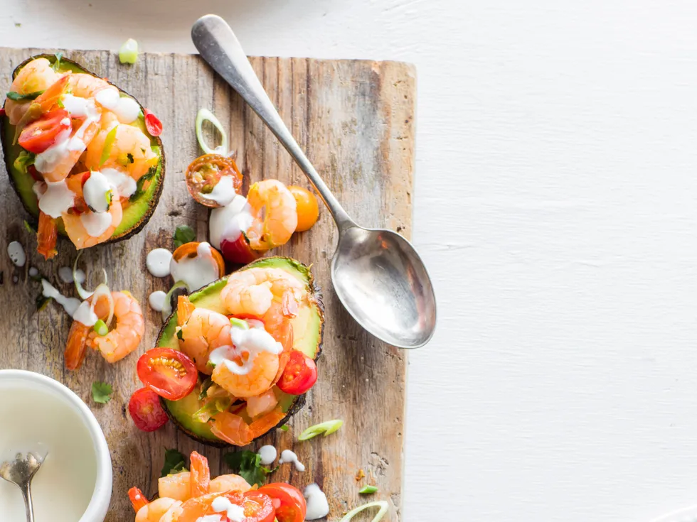 Avocado with chilli prawns and lime mayonnaise
