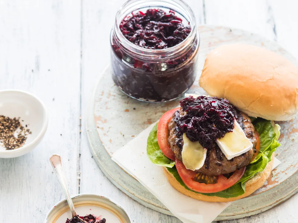 Beef and brie burgers with easy beetroot relish