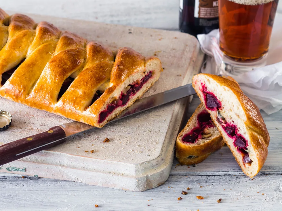 Beetroot, blue cheese and walnut braided bread