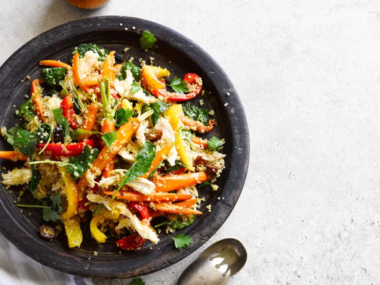Quinoa salad wirh roast chicken, dates and hazelnuts
