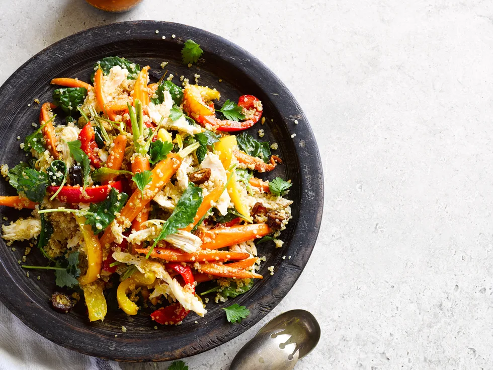 Quinoa salad wirh roast chicken, dates and hazelnuts