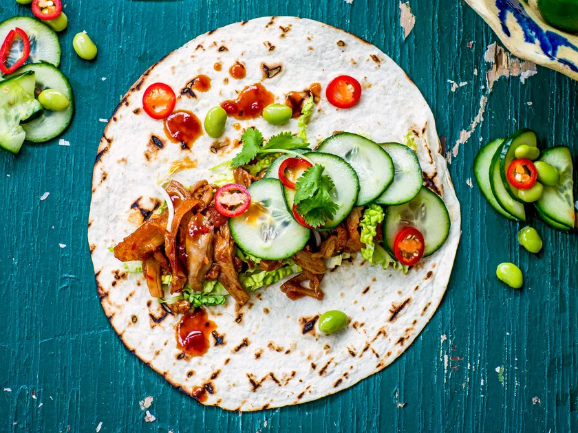 Roast duck tacos with pickled cucumber and spicy barbecue sauce