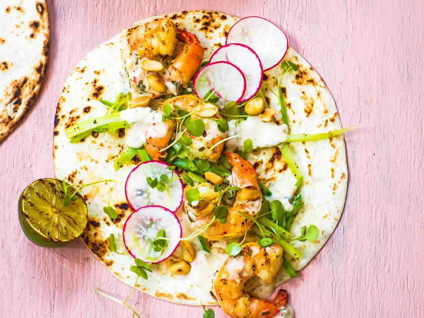 Lemongrass chilli prawn tacos with crunchy salad