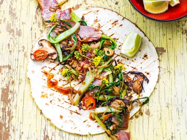Char siu barbecue pork tacos with mixed mushroom and ginger stir-fry