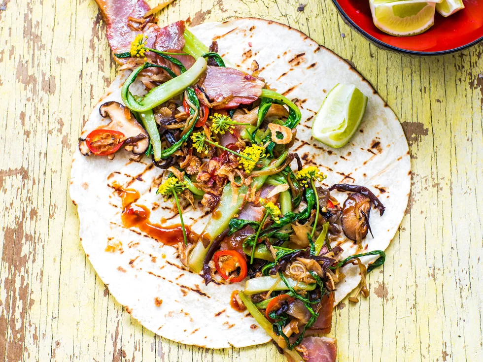 Char siu barbecue pork tacos with mixed mushroom and ginger stir-fry