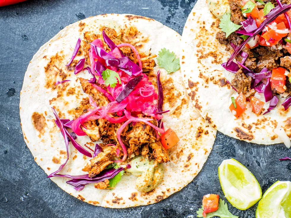 Chipotle chicken tacos with spicy avocado cream