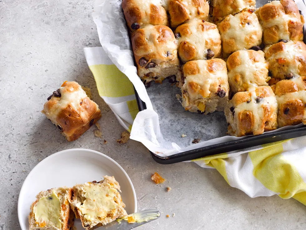 Chocolate and apricot hot cross buns