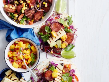 Chorizo, bean and haloumi tortillas