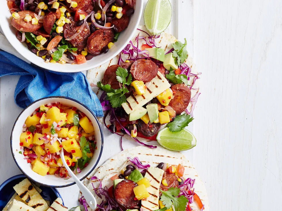 Chorizo, bean and haloumi tortillas