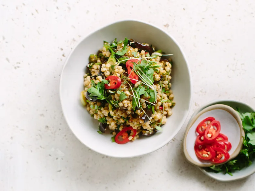 Sorghum and roasted eggplant salad with pomegranate dressing