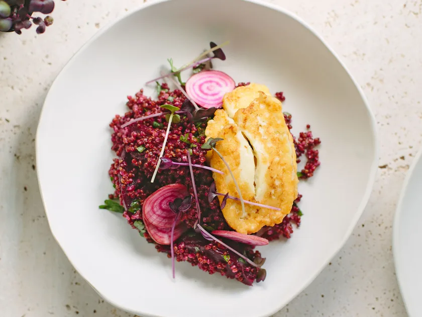 Quinoa and beetroot salad with grilled haloumi and preserved lemon