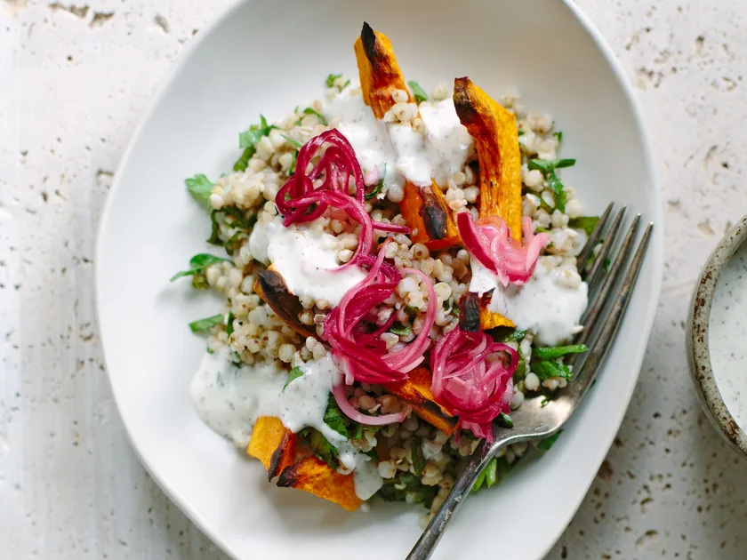 Buckwheat and roasted pumpkin salad with sumac yoghurt and pickled red onion