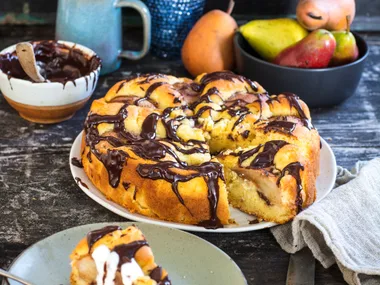 Pear and chocolate drizzle cake
