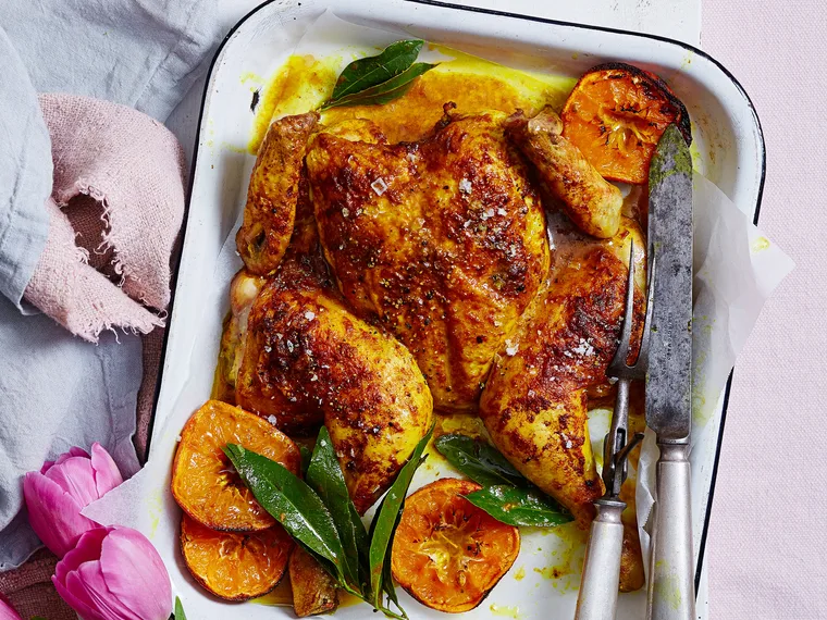 Buttery turmeric and mandarin roast chicken