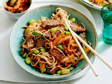 Sesame beef, edamame and kimchi noodles