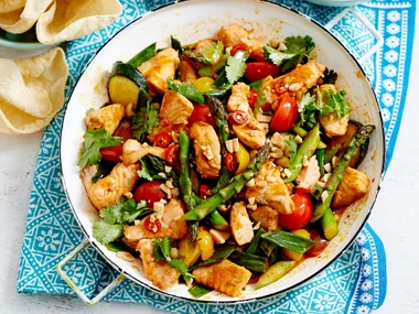 Asparagus, tomato and salmon stir-fry