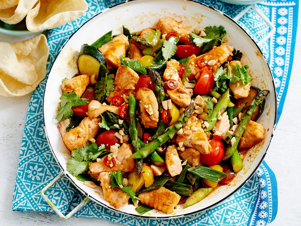 Asparagus, tomato and salmon stir-fry