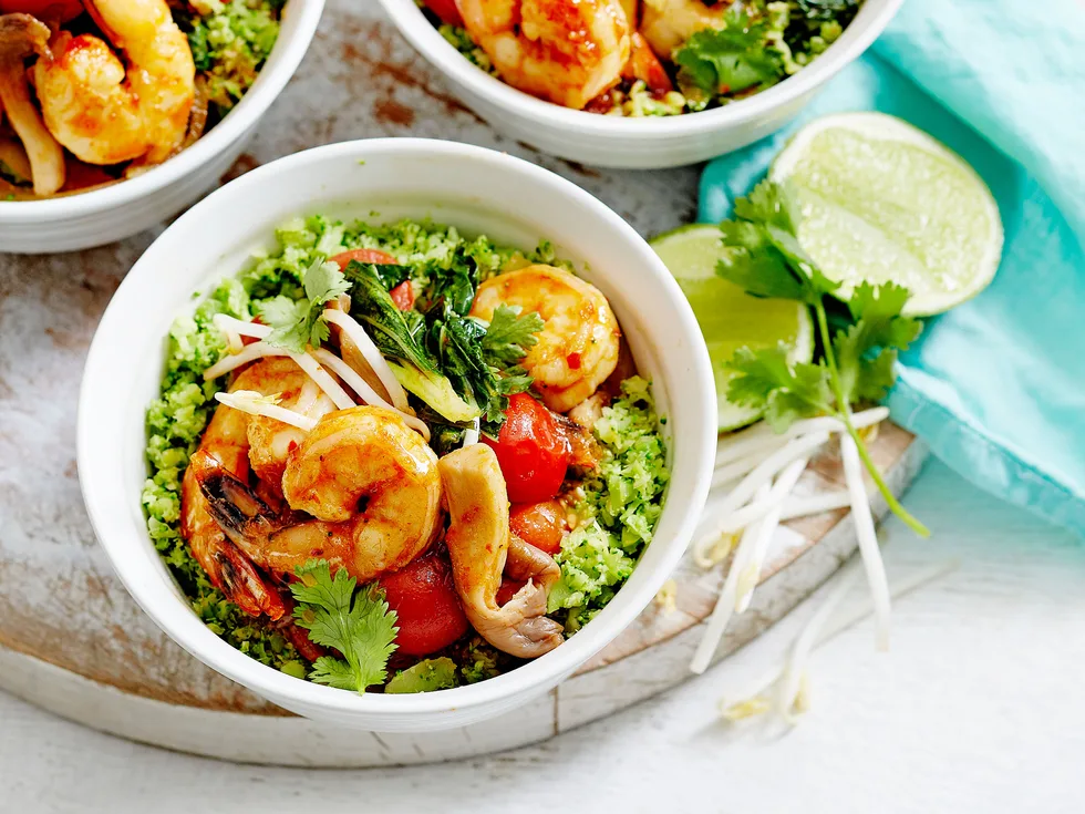 Tom yum prawn stir-fry with broccoli rice