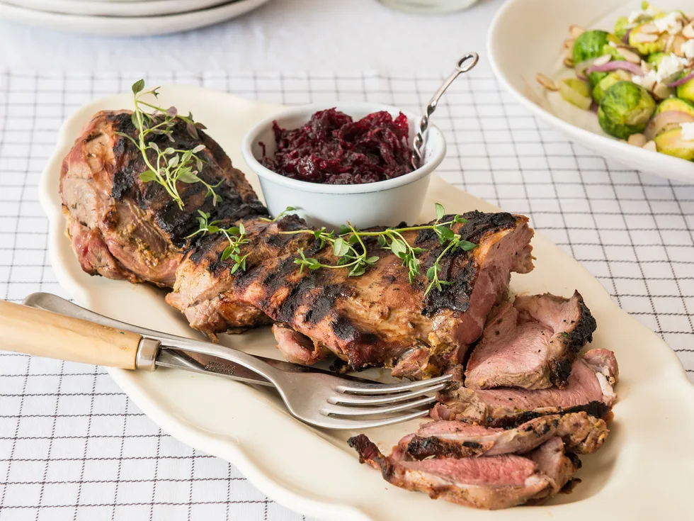 BBQ’d butterflied leg of lamb with beetroot chutney