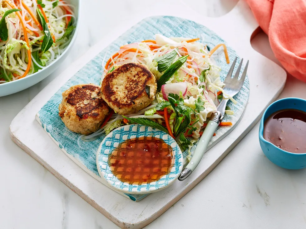 Thai chicken cakes with pickled cabbage salad