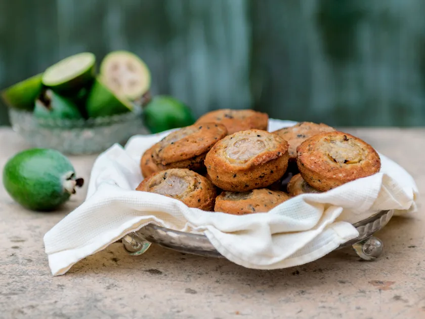 Feijoa, lime and poppy seed muffins