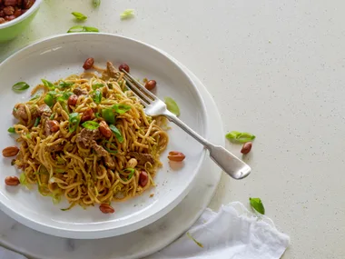 Hawker noodles with shaved sprouts