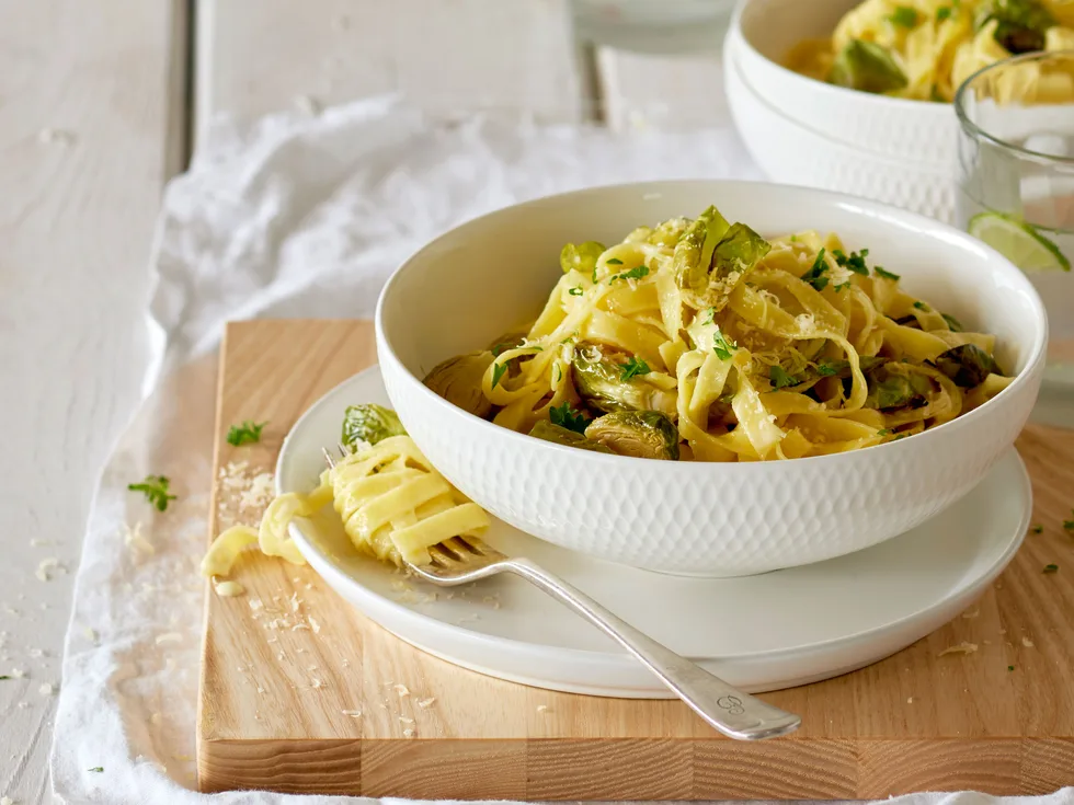 Tagliatelle alfredo with roasted sprouts