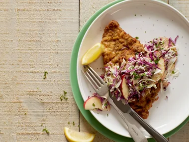 Apple and mint slaw with paprika crumbed schnitzel