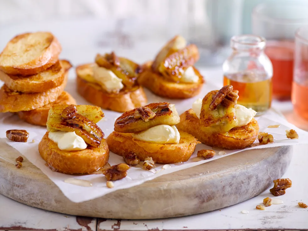 Fancy French toast with caramel bananas and pecans
