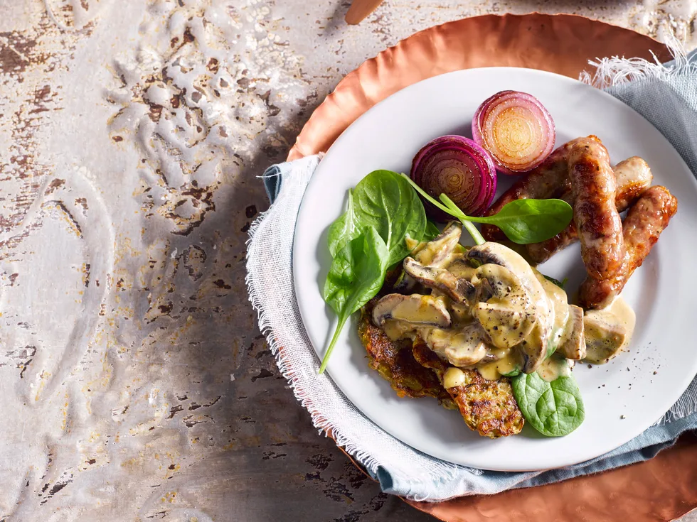 Rosemary hash browns with creamy mushrooms