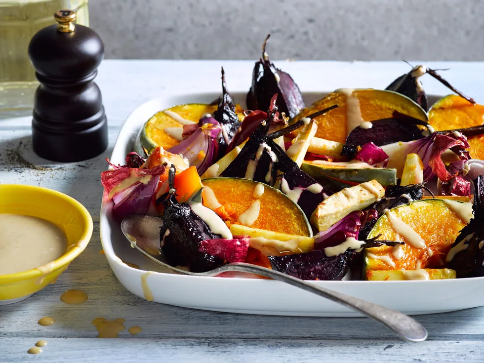 Roasted vegetables with tahini miso dressing
