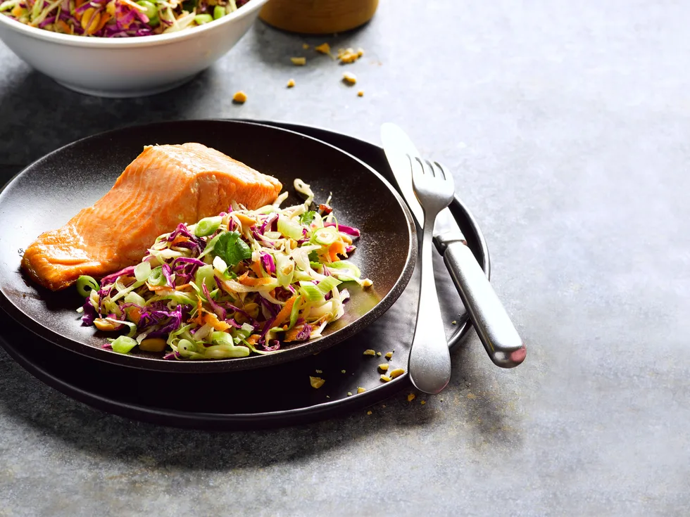 Seared salmon with miso slaw