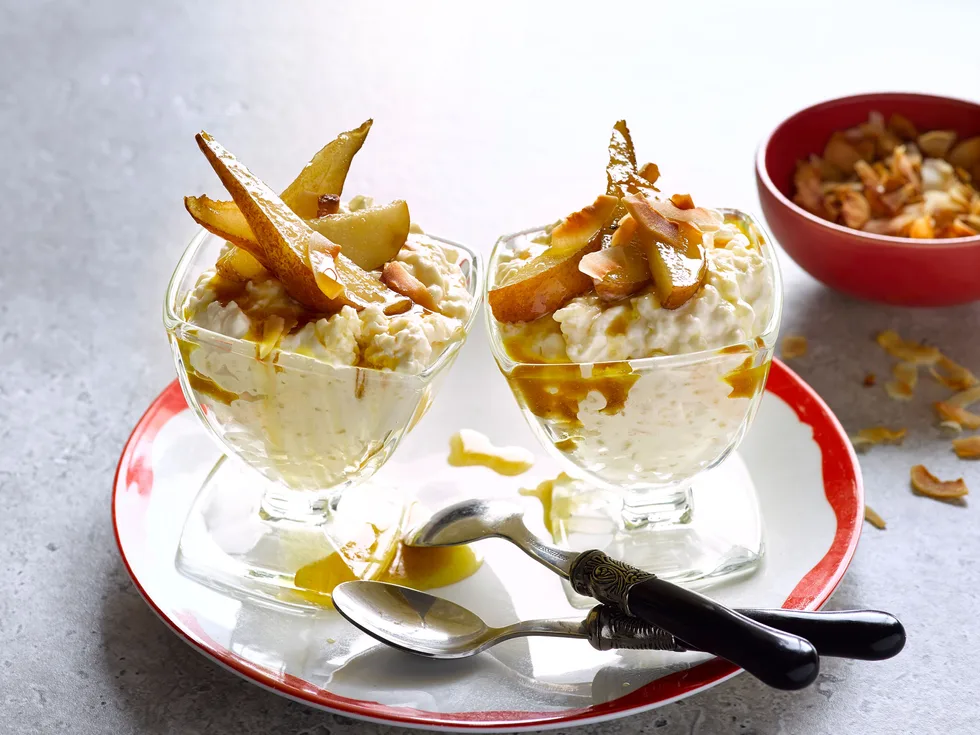 Caramelised pear and toasted coconut rice pudding