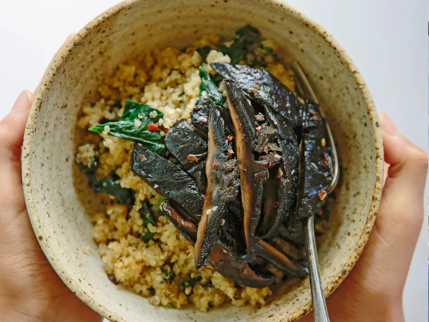 Garlic mushrooms with spinach, quinoa and miso butter