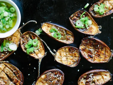 Miso-roasted eggplant with spring onion dressing