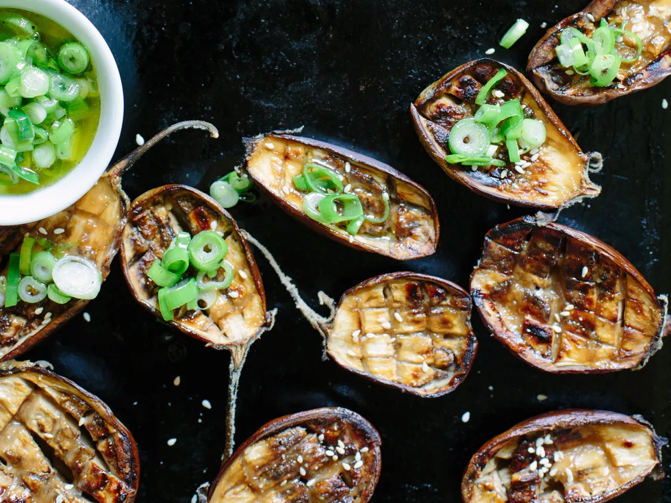 Miso-roasted eggplant with spring onion dressing
