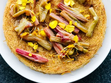 Custard baked in shredded filo with poached rhubarb