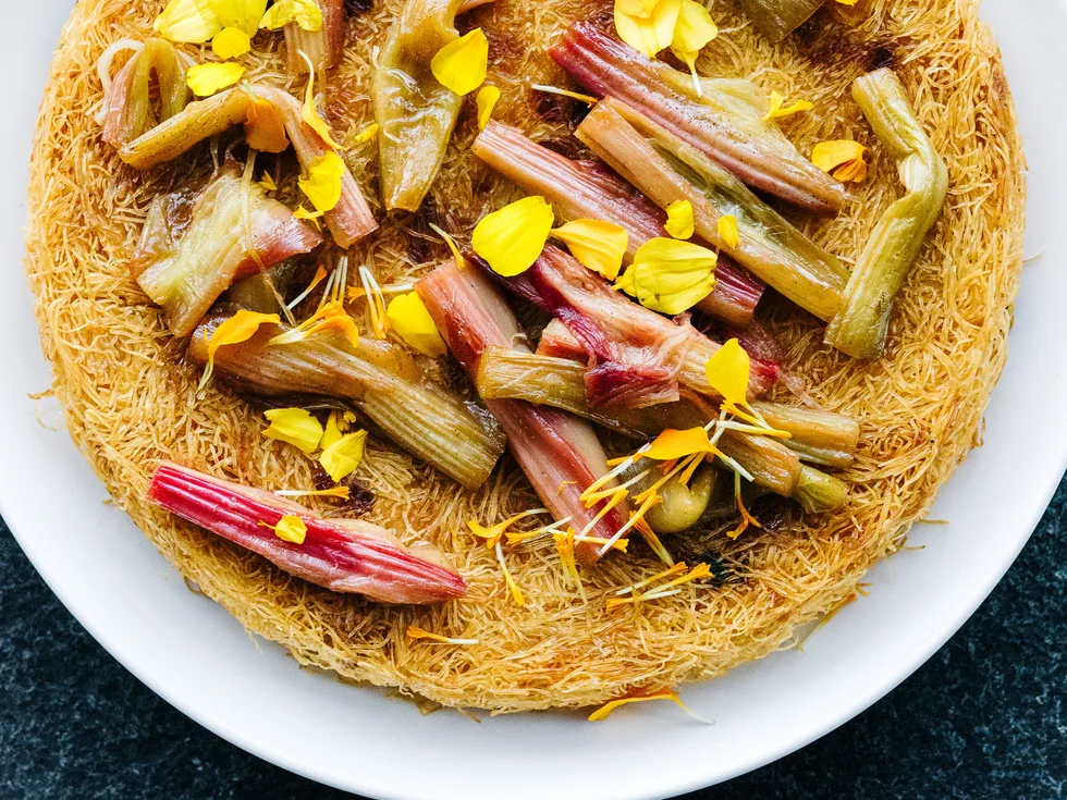 Custard baked in shredded filo with poached rhubarb