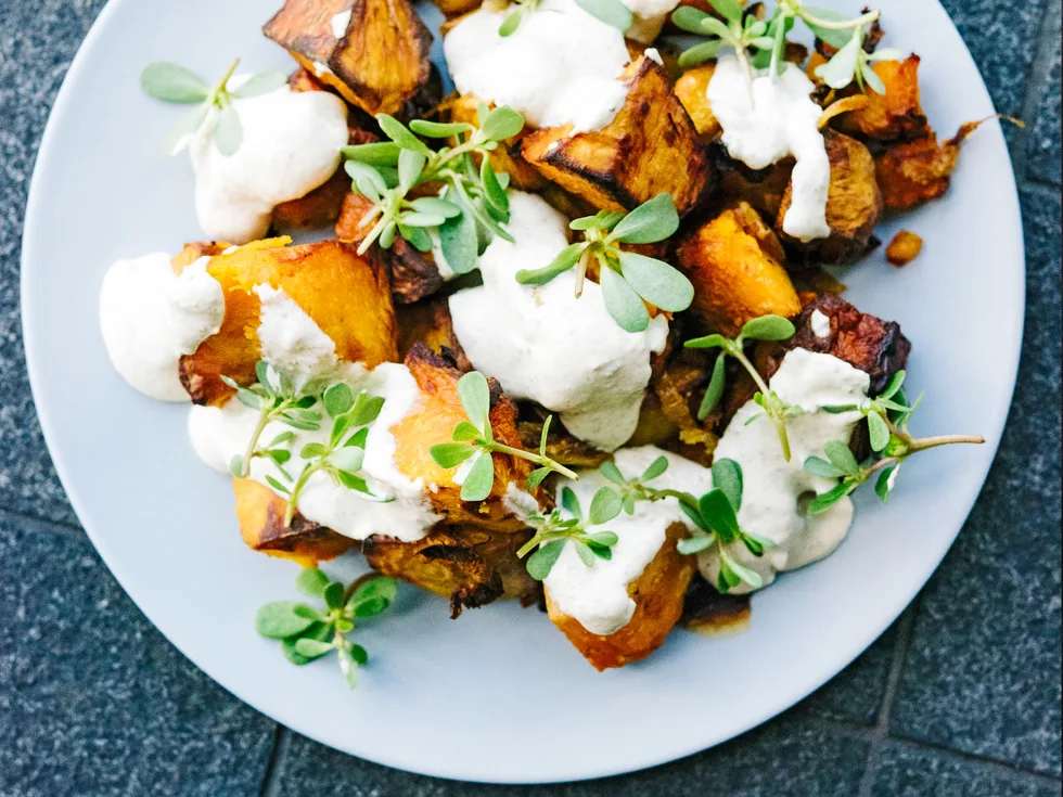 Slow-roasted pumpkin with toasted fennel seed and labneh dressing