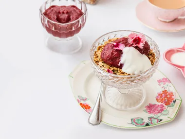 Maple granola with rhubarb and berry purée