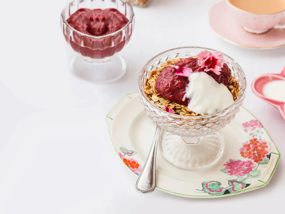 Maple granola with rhubarb and berry purée