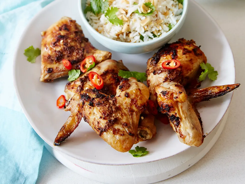 Chicken pieces with coriander and peanut rice
