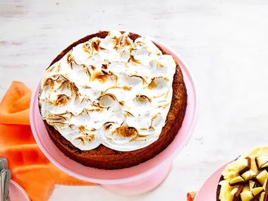 Marble and choc-flecked Italian meringue cake