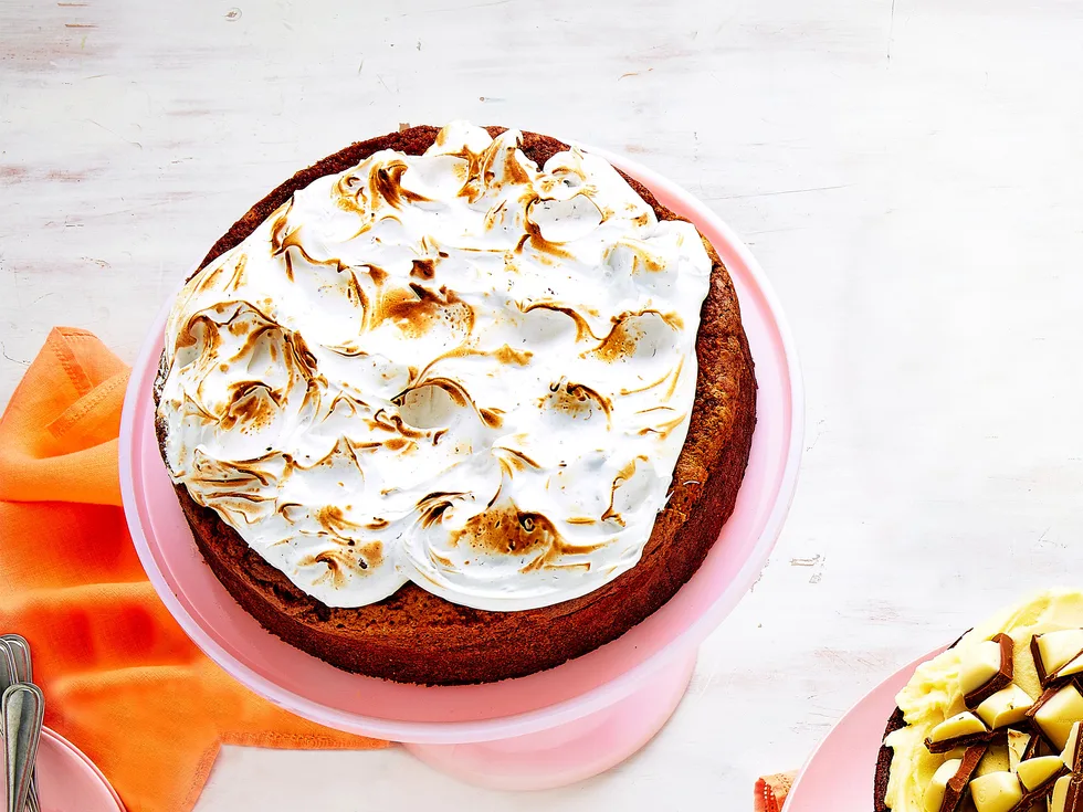 Marble and choc-flecked Italian meringue cake