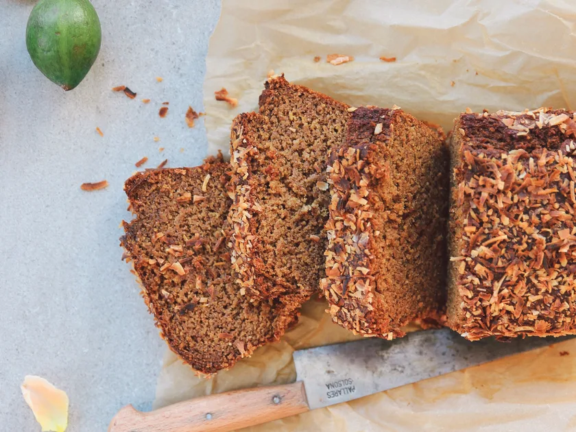 Banana and feijoa bread with coconut topping