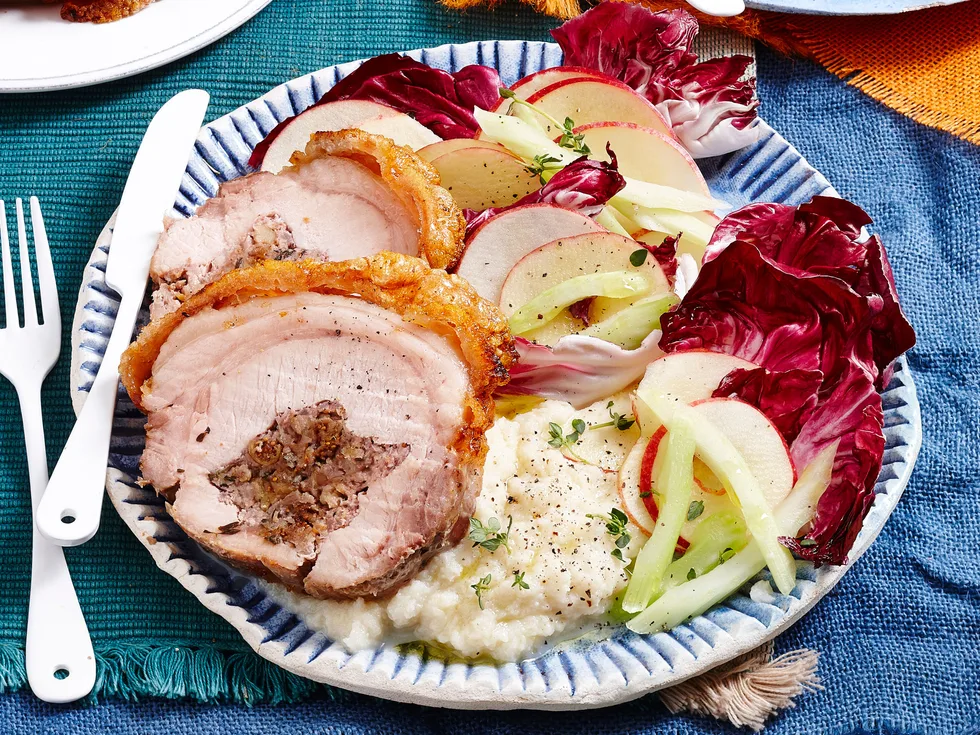 Walnut and fig pork loin with cauli mash
