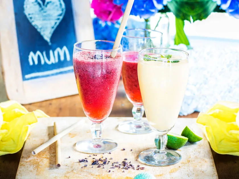 Tropical mango and strawberry cacao smoothies
