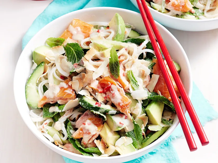 Quick smoked salmon and avocado noodle salad