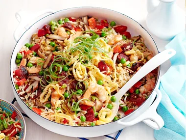Fried rice with Chinese sausages and prawns