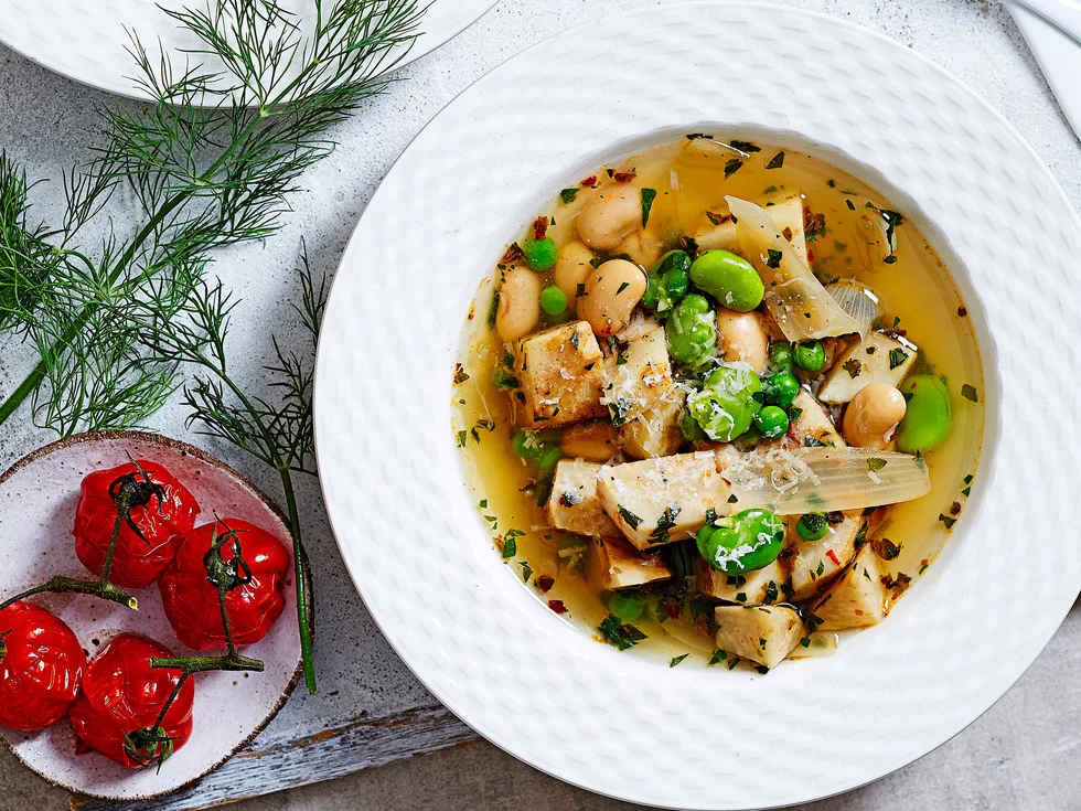 Roasted celeriac, parsnip, pea and bean soup